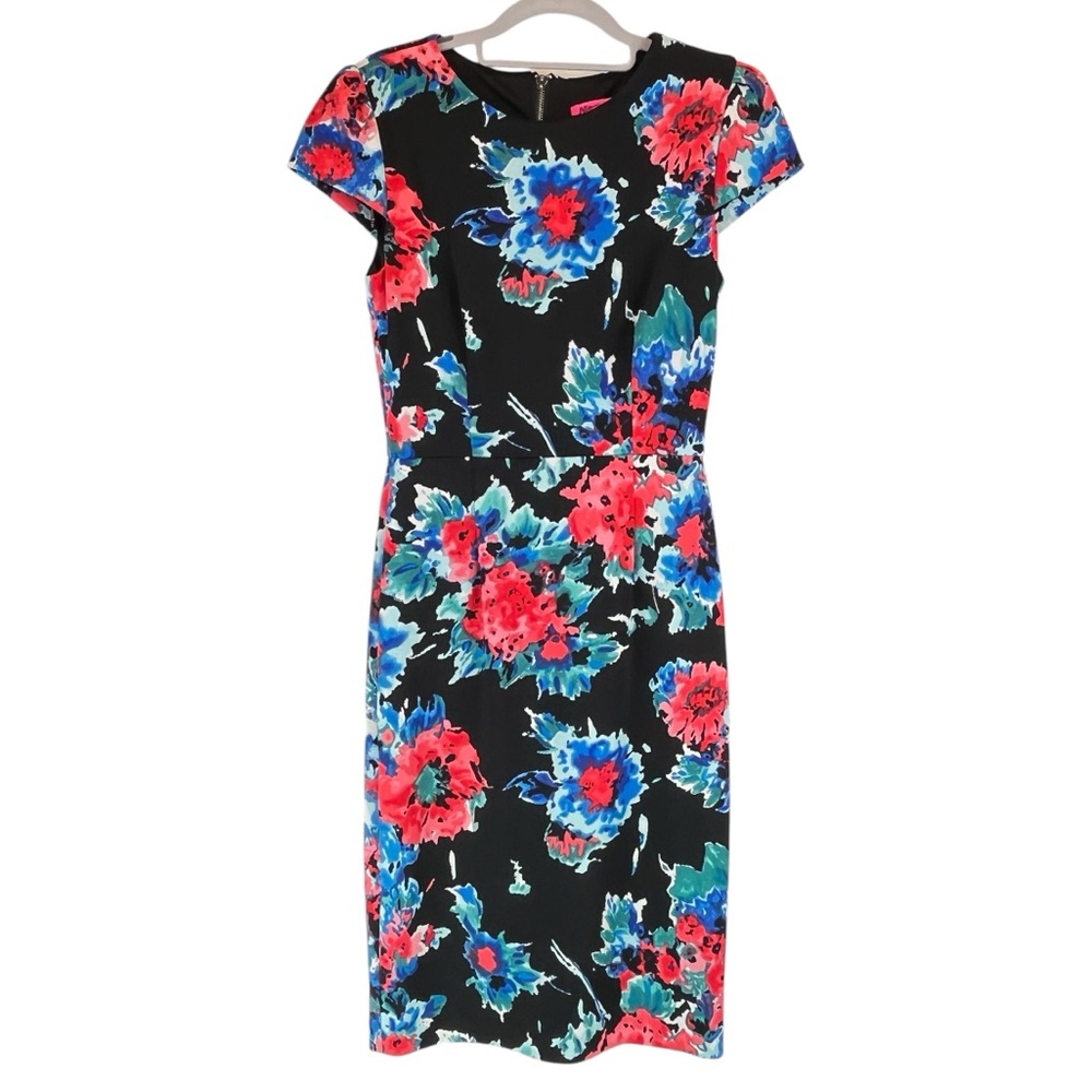 Betsey Johnson Floral Print Sheath Midi Dress Stretch Black Multicolor Office 4